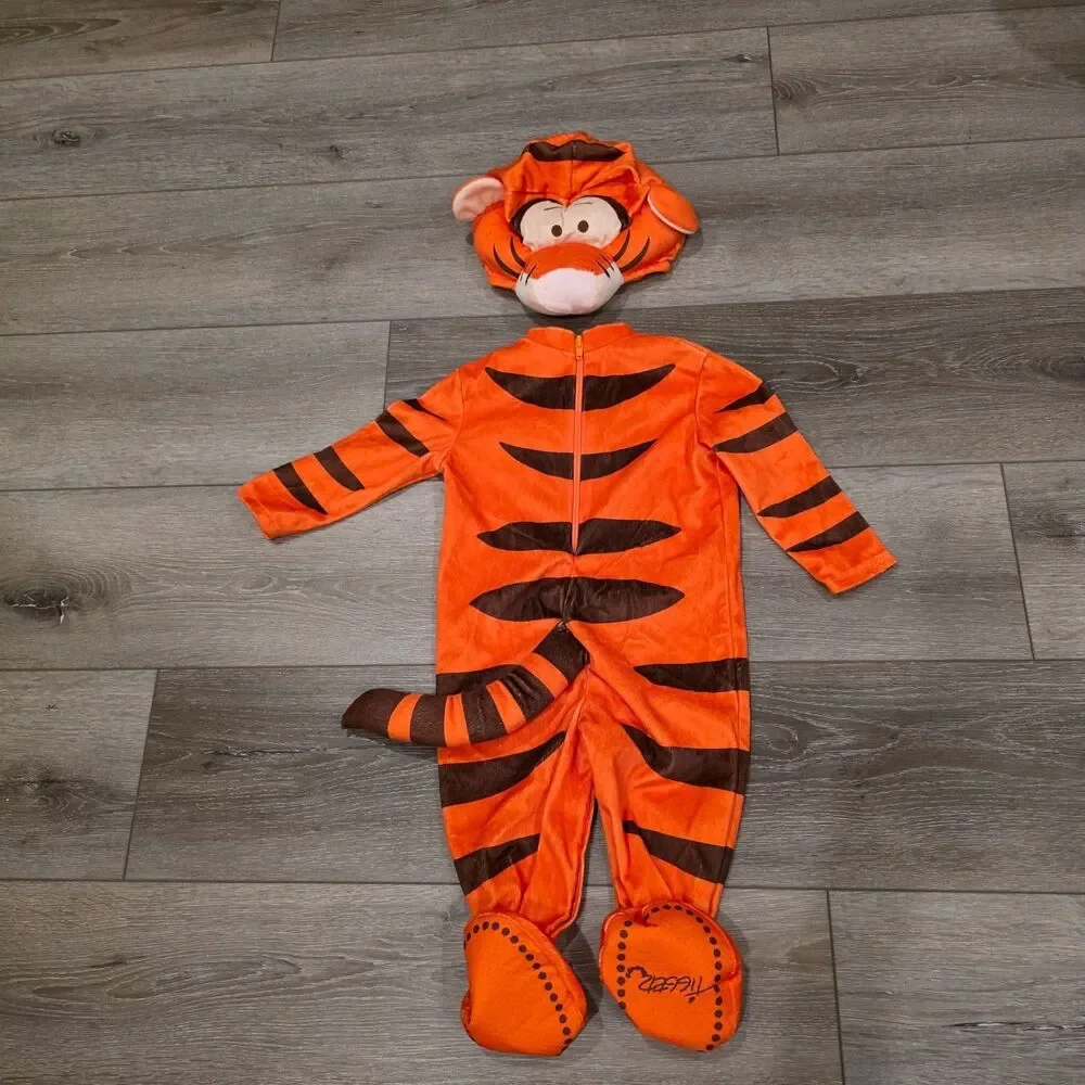 Disney Winnie Pooh Baby Infant Tigger Costume 0-6 Month Jumpsuit W/ Tail & Hood